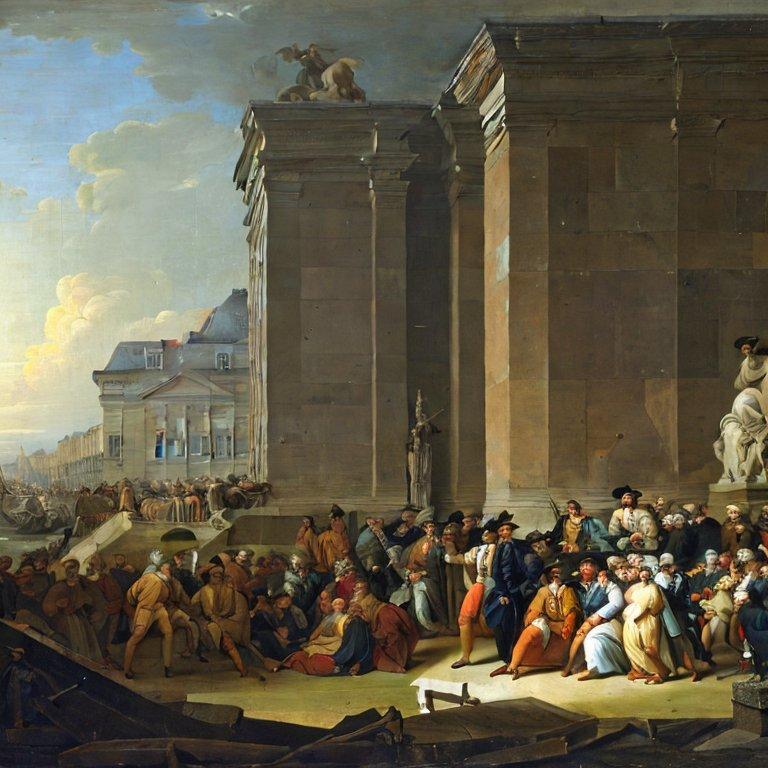 A large group of people having a vigorous discussion in the public square, in the style of Jacques-Louis David, by Stable Diffusion